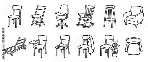 Various black outline illustrations of different chairs, including a stool, armchair, and rocking chair, in a clean, graphic style
