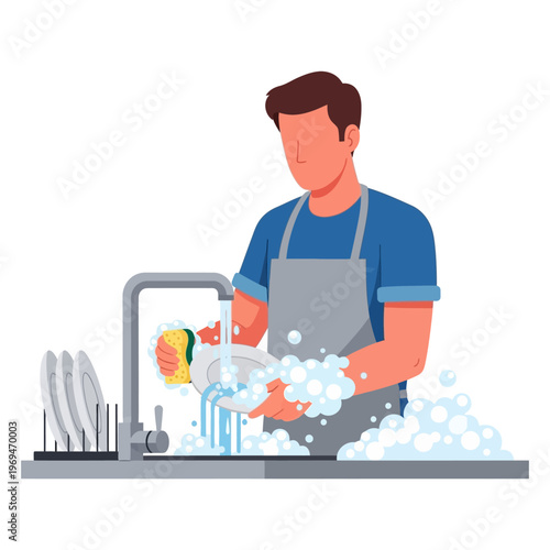 Man washing dishes in kitchen sink with soap suds and running water