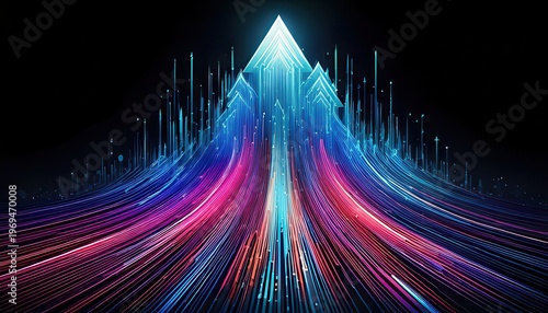 Ilustração conceitual de setas de luz neon em ascensão simbolizando progresso, desenvolvimento corporativo e fluxo de dados em alta velocidade.