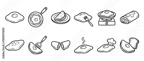 Collection of hand-drawn fried egg illustrations showing various cooking stages and serving styles in a clean, graphic line art style