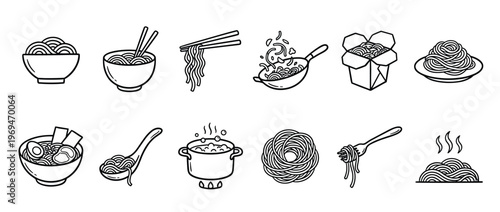 Collection of black and white line art illustrations depicting various noodle dishes and cooking processes