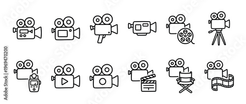 Collection of twelve black outline video camera icons with various film and production elements, presented in a clean, minimalist style