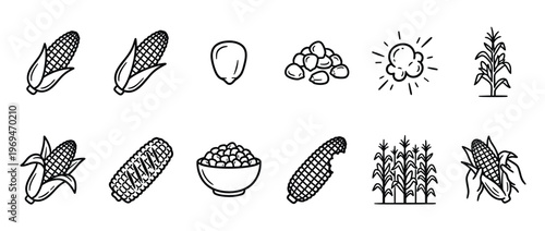 Collection of black outline corn icons depicting various forms of the crop, including cobs, kernels, popcorn, and plants