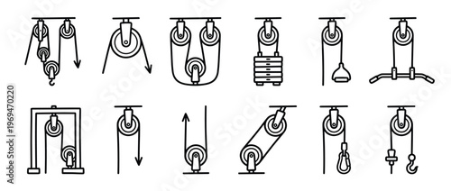Collection of various simple and complex pulley system line icons in black and white, illustrating mechanical advantage