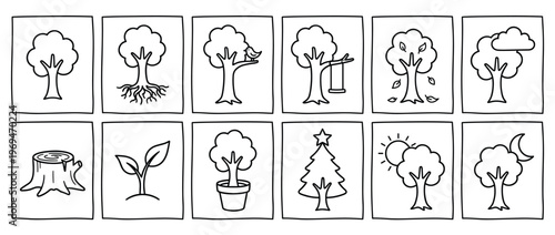 Twelve simple hand-drawn tree illustrations depict various aspects of trees, nature, and seasons in a clean, minimalist style