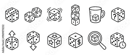 Collection of black and white dice icons in various configurations, representing gambling, games, and chance