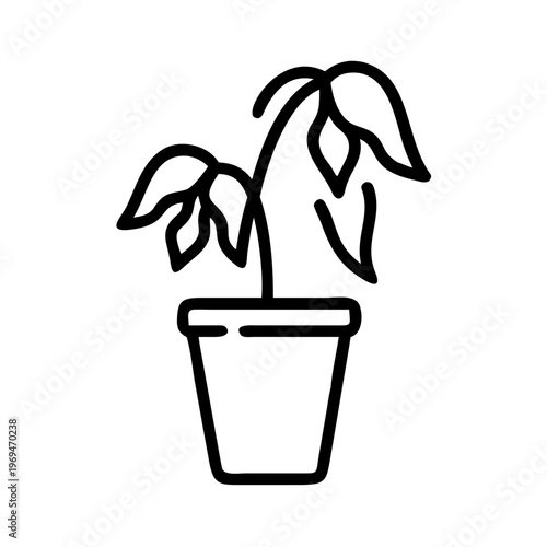 Line drawing of dying potted plant wilting leaves in pot icon
