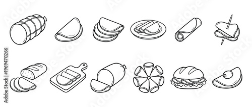 Collection of various deli meat and sausage products, including sliced ham, salami, and a sandwich, depicted in a clean line art style