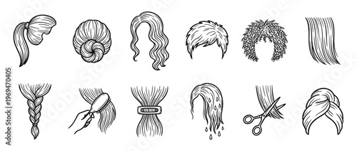 Various hand-drawn hair styles and care icons, including ponytails, buns, braids, and cutting, are presented in a clean, graphic black and white illustration