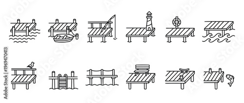 Collection of various simple black outline dock icons, depicting different activities and elements associated with piers and jetties