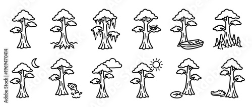 Collection of twelve simple black outline cypress tree illustrations depicting various swamp and bayou scenes