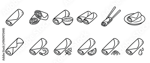 Various line art illustrations of spring rolls and egg rolls with different ingredients and serving styles