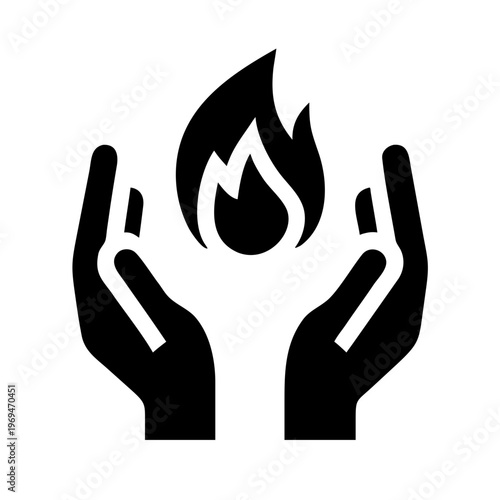 Two hands holding flame icon symbolizing protection energy and care for light or heat source