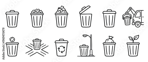 Collection of various trash can and recycling bin line art icons, illustrating waste management and environmental concepts