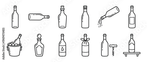 Collection of various outline wine and liquor bottles, some with corks, labels, and accessories, presented in a clean, illustrative style