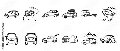 Collection of black outline SUV car icons depicting various travel and adventure scenarios
