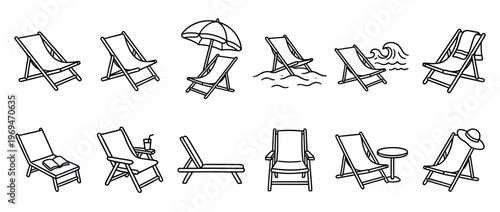 Various black outline illustrations of beach chairs and deckchairs in different positions and settings, depicting summer relaxation