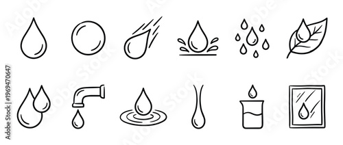 Collection of hand-drawn black outline water drop icons illustrating various states and interactions of liquid