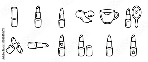Collection of hand-drawn black and white lipstick icons in various states, including open, closed, broken, and with accessories, depicted in a simple doodle style