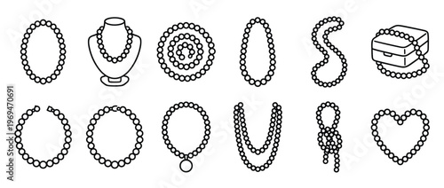 Collection of twelve simple black outline pearl necklace icons in various shapes and arrangements, presented in a clean, graphic style