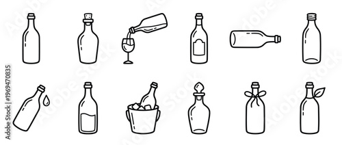 Collection of black outline vector icons depicting various bottles, including wine, oil, and beverage containers