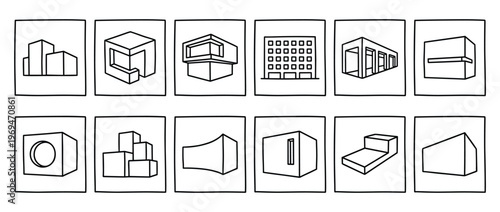 Collection of twelve simple black outline architectural building sketches, each in its own square frame