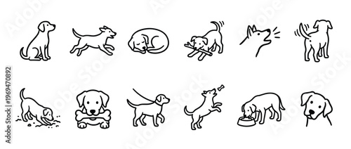 Collection of twelve black outline dog icons depicting various actions and emotions in a simple, clean style