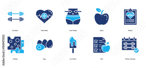 diet and nutrition Icon Set Collection Pack Banner Web Vector Illustration  Concept. Containing Dumbbel, Heart Beat, Lose Weight, Apple, Report, Cheese icon