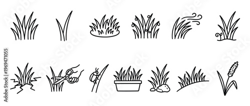 Collection of various grass icons in a simple black outline style, depicting different states and interactions