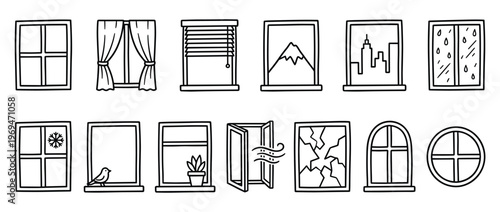 Collection of various hand-drawn window icons depicting different scenes, weather, and styles in a simple black outline