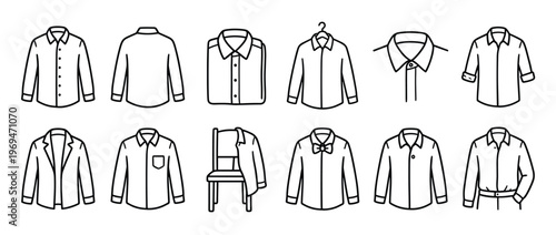 Various black outline shirts and formal wear icons are arranged neatly on a clean white surface