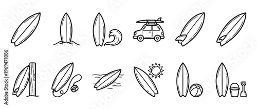 Collection of hand-drawn black and white surfboard icons depicting various beach and surfing related activities and objects