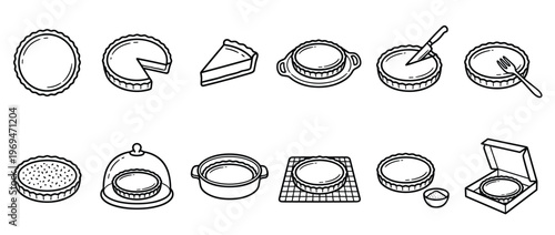 Collection of black and white line art illustrations depicting various pie and tart baking concepts and forms