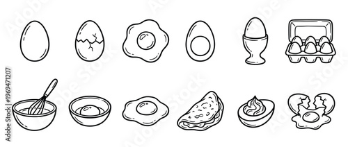 This black and white cartoon illustration features various egg forms, including whole, cracked, fried, boiled, and deviled eggs, along with a carton and whisked eggs in a bowl
