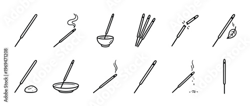Simple black outline incense stick icons illustrate various states including burning, broken, and held in a bowl