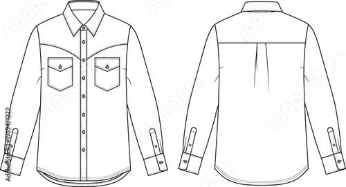 Technical flat sketch of long‑sleeve button‑up shirt with pointed collar, chest pockets, curved hemline, cuffs, yoke, and seam details