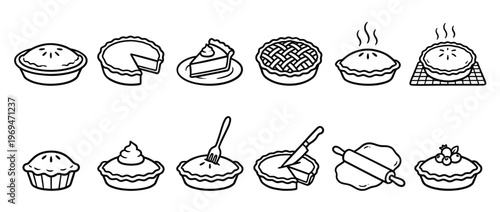 Collection of various simple black and white line art pie icons, including whole pies, slices, and baking elements