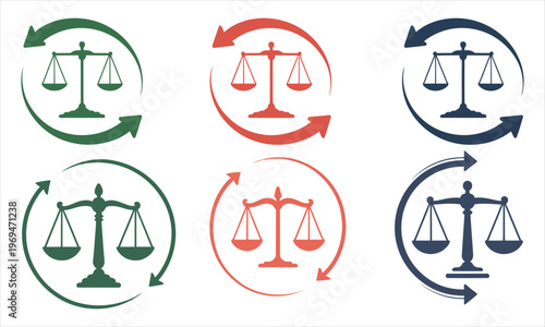 Symbolic balance scales in green red and blue with circular arrows representing justice and fairness