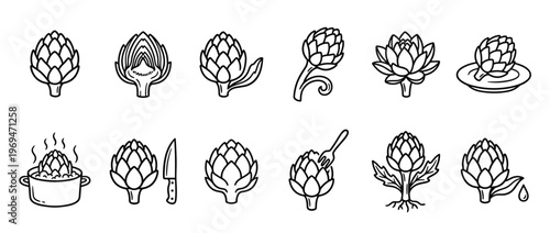 Collection of twelve black outline artichoke icons depicting various forms, preparations, and serving styles