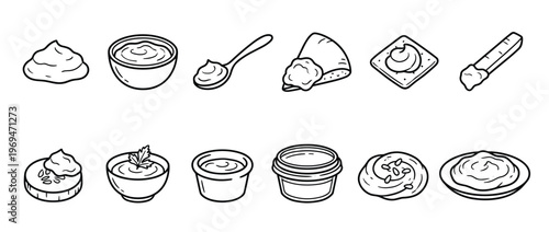 Collection of various hand-drawn line art illustrations depicting different types of sauces and dips in bowls and on food items