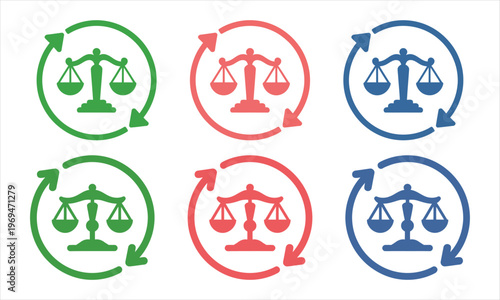 Various colored legal scales surrounded by circular arrow icons representing balance and justice