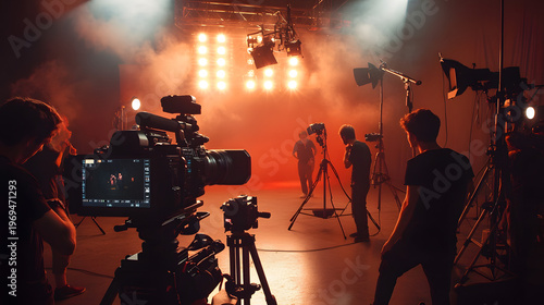 movie studio filming scene with actors and crew