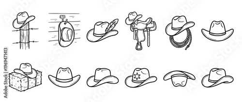 Collection of various cowboy hats and Western-themed items, depicted in a clean, hand-drawn black and white outline style