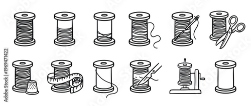 Collection of various sewing thread spools and related tools in a clean, minimalist black and white line art style