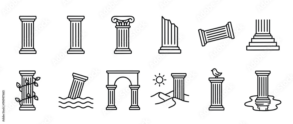 Fototapeta premium Collection of various outline style ancient Greek and Roman architectural column icons in a clean, minimalist design