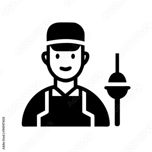 Construction worker in overalls and hard hat holding plunger, sanitation service.