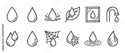 Collection of hand-drawn water drop icons in various forms, including splashing, on a leaf, and with a snowflake, rendered in a simple black outline style