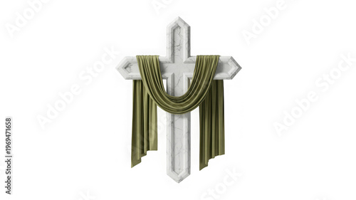 Stone Christian cross with golden draped cloth isolated PNG, religious symbol on transparent background for Easter and Good Friday design