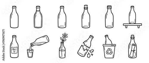Collection of hand-drawn glass bottle icons depicting various states, including empty, corked, capped, broken, recycled, and with a message inside
