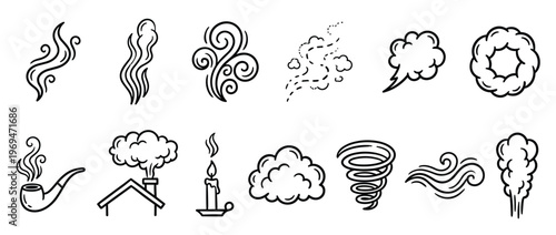 Collection of various black outline smoke, steam, and wind icons on a clean white surface, presented in a flat lay style